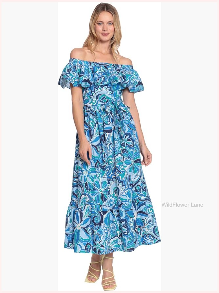 Ruffle Off The Shoulder Maxi Dress With Waist Tie And Tiered Hem